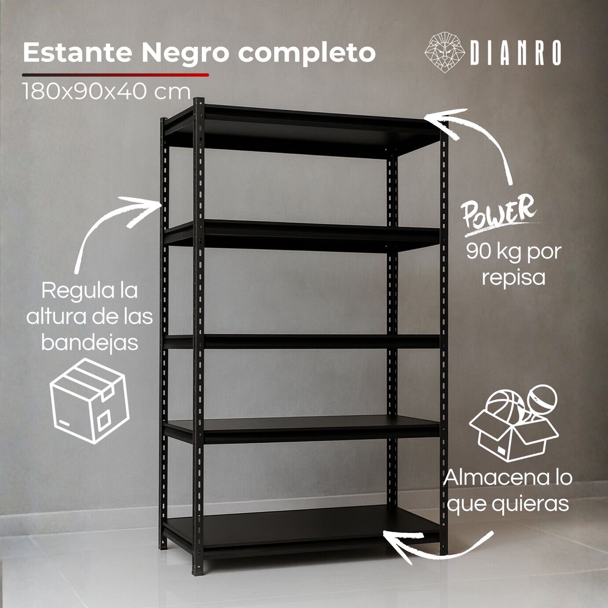 Estante Negro Completo  180x90x40 cm